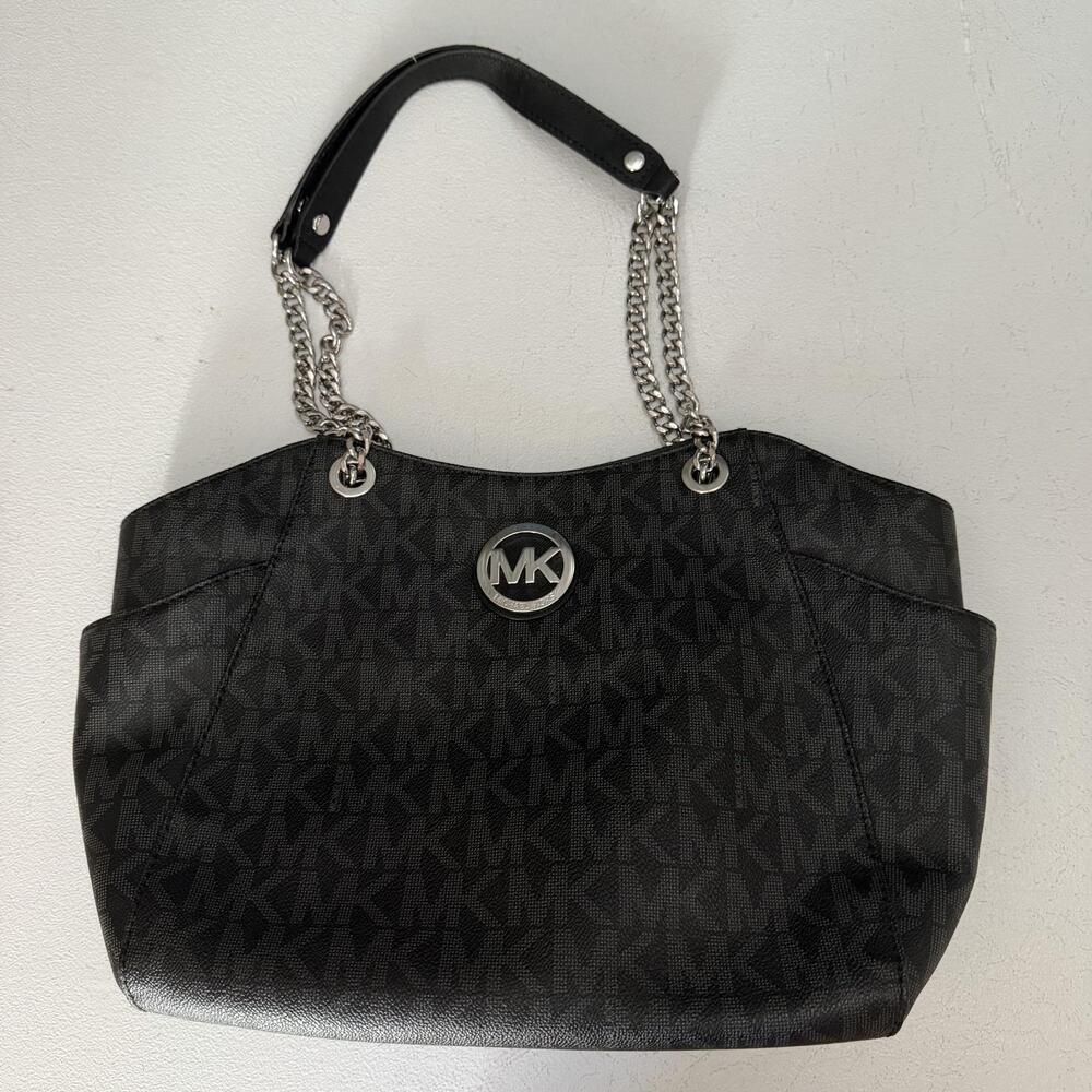 Michael Kors Shoulder Bag Womens Large Black Logo PVC Chain Tote Zip Wallet